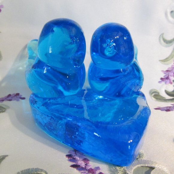 Vtg Blue Glass Double Bluebird of Happiness Bluebirds on Heart Leo Ward 1991 - Picture 5 of 16